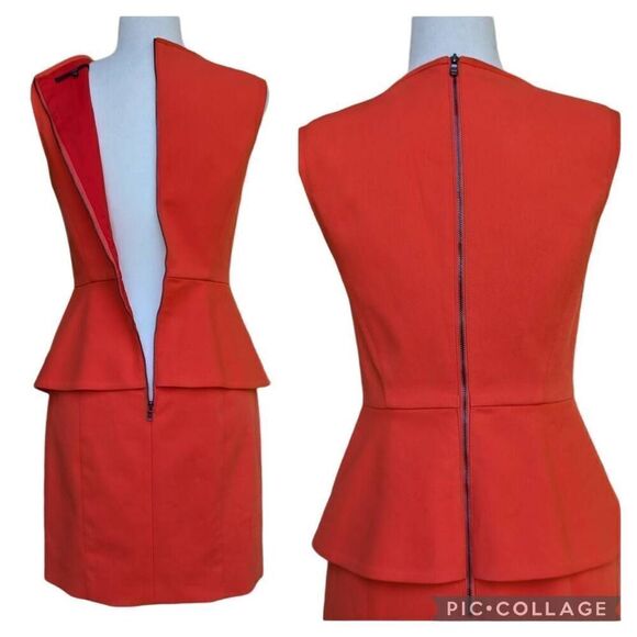 tibi Orange Reddish Peplum Mini Dress Two Zip Stretch Lined Size 4 City Cocktail - Picture 7 of 14